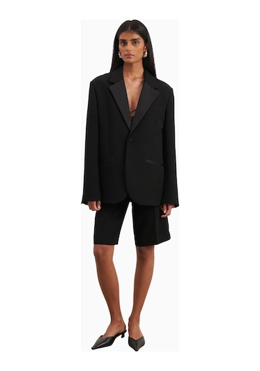 Because Of Alice Satin Detail Single Breasted Blazer Oversize Tek Düğmeli Kadın Ceket Siyah