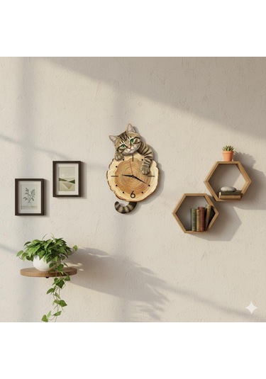 Cajuart Kütük Üzerinden Bakan Tekir Kedi Tasarımlı Duvar Saati Modern Dekoratif Saat Kahverengi