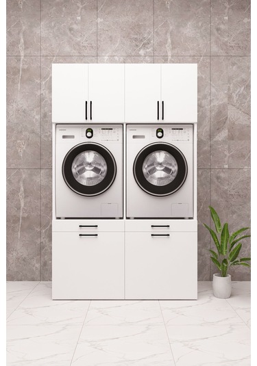 Mdf Çamaşır Makinesi Ve Kurutma Makinesi Dolabı Çift Sepetli Beyaz