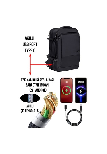 Körüklü Laptop Sırt ve Seyahat Çantası 15,6 İnç 40 Litre Usb Su Geçirmez Kumaş Siyah Dada 12