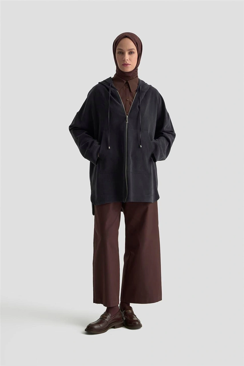 Armine Fermuar Detaylı Kapüşonlu Kap 25kd1125 Siyah Siyah