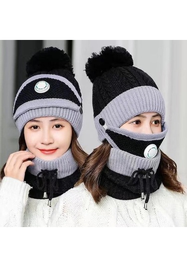 Novahub Üçü Bir Arada Kış Kadın Tek Parça Şapka Artı Kadife Sıcak Pamuk Maske Şapka Yün Kap Baotou Önlük Siyah Siyah