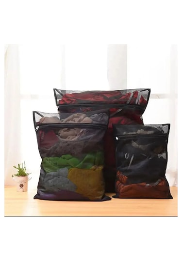 3 Adet Siyah Çamaşır Yıkama Filesi Fermuarlı Siyah