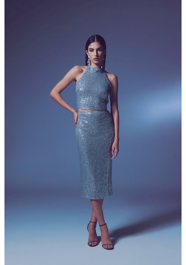 Sateen Payet Detaylı Kalem Etek - Gümüş-134244 Gümüş