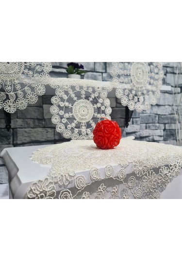 Çeyiz Diyarı Çiçek Kordonlu 5 Parça Salon Takımı Krem