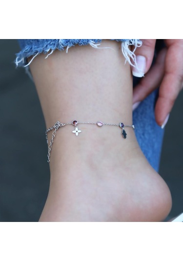 Renkli Zirkon Taşlı Figürlü Gümüş Halhal Gümüş