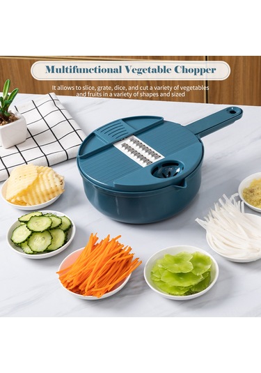 Neevoyu Mavi Çok İşlevli Kalın Dairesel Süzgeçli Sebze Dilimleyici 6 Bıçak/12 Fonksiyon - Paslanmaz Çelik Bıçaklar, Eldiven, Süzgeç Sepetiyle Mavi