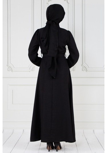 İnci Detaylı Kuşaklı Tesettür Elbise-siyah-3583-beyaz Beyaz