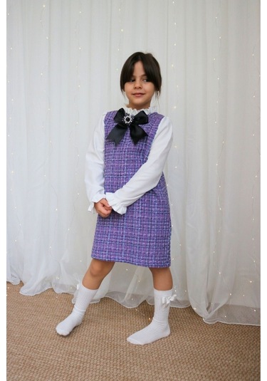 Kız Çocuk Lila Mor Vanessa Broş Detaylı Tüvit Uzun Kollu Yılbaşı Elbisesi