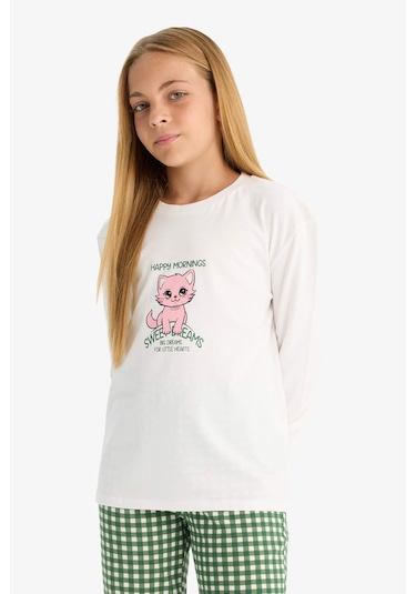Defacto Kız Çocuk Pijama Takımı Baskılı Uzun Kollu Üst Kareli Uzun Alt F1083a825auer105 Ekru
