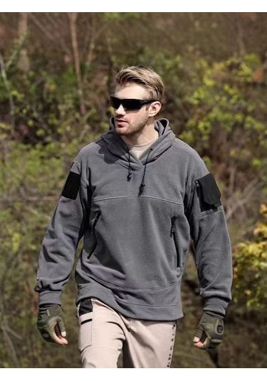 Erkek Sonbahar Ve Kış Dış Mekan Kapşonlu Polar Kazak Sweatshirt Koyu Gri