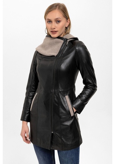 Siyah Julia Triko Kapüonlu Kemerli Hakiki Kadın Deri Kaban-siyah Siyah
