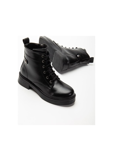 02-2003 Siyah Kırışık Rugan Bağcıklı Fermuarlı Günlük Kadın Bot Siyah