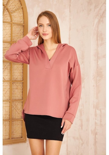 Kadın Scuba Kapüşonlu Arkası Uzun Salaş Rahat Kalıp Sweatshirt 3506230 Gülkurusu