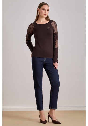 Reglan Kollu Kahverengi Örme Bluz Kahverengi