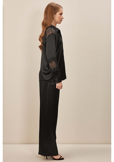 Gömlek Yaka Siyah Saten Gömlek Siyah