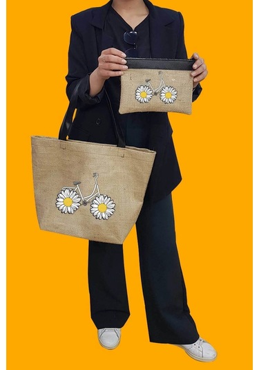 Papatya Baskılı Deri Saplı Hasır Kumaş Baskılı Plaj Çantası Açık Kahverengi