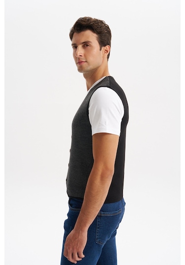 Arma Erkek Slim Fit Örme Likralı Pike Triko Yelek Kısa Kollu, %90 Akrilik %10 Wool K0yyo0858 Siyah