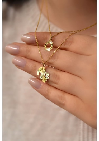 925 Ayar Gümüş Altın Kaplama Kristal Kesim Güneş ve Sincap Asansörlü Kolye