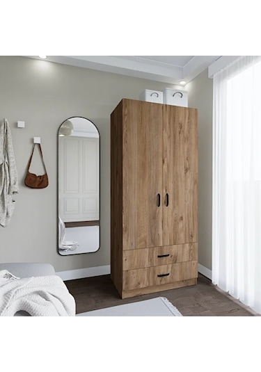 80 Cm Atlantik Çam 2 Kapaklı 2 Çekmeceli Elbise Dolabı - Gardırop Çam