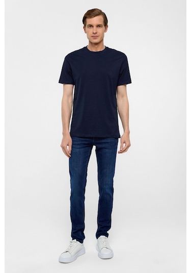 Lacivert Regular Düz Bisiklet Yaka Tişört-38578 Lacivert