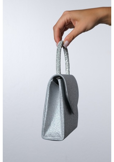 Monako Gümüş Kum Sim Taşlı Kadın El Çantası Gümüş Sim