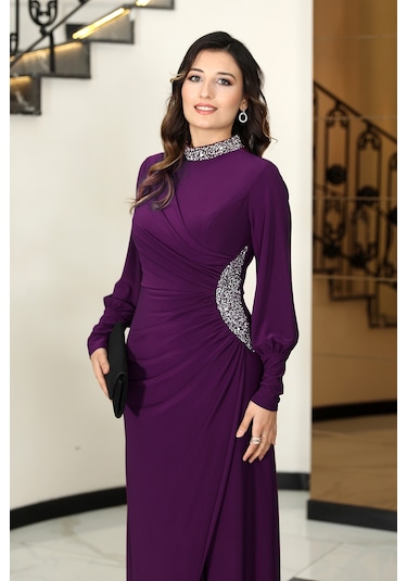 Taş Detaylı Lavinni Tesettür Abiye Elbise Mürdüm