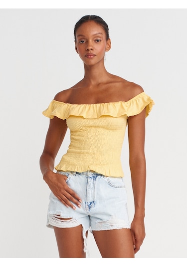 Dilvin 31902 Omuzları Açık Fırfırlı Top-sarı Sari