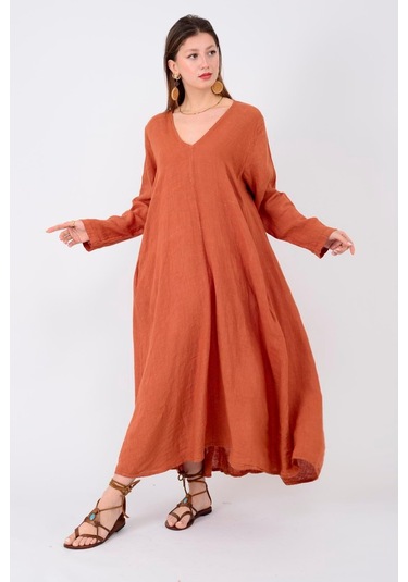 İtalyan V Yaka Uzun Kol Keten Elbise-8907 Tarçın