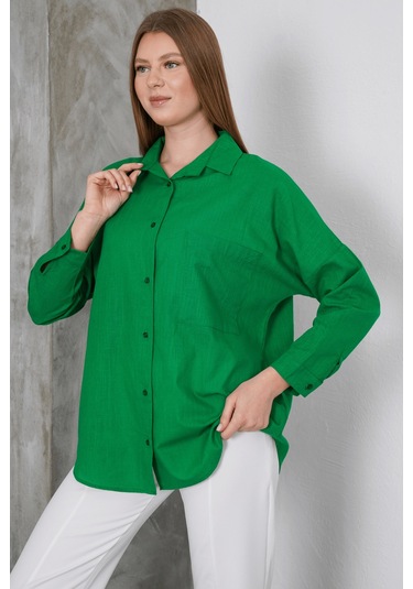 Paw Garage Kadın London Keten Tek Cepli Oversize Gömlek, Premium Kalite Keten Gömlek Yeşil