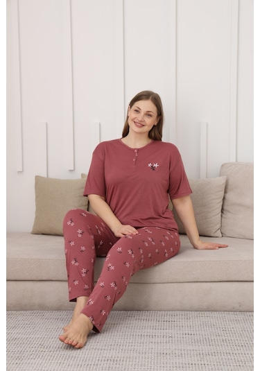 Viskon Kumaş Kadın Büyük Beden Kısa Kollu Pijama Takımı Narçiçeği