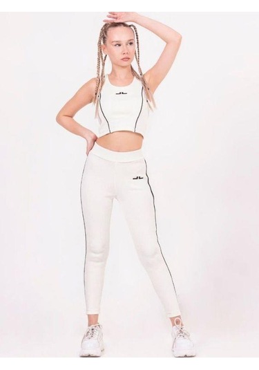 Kız Çocuk Şeritli Taytlı Crop Takım-13789 KREM