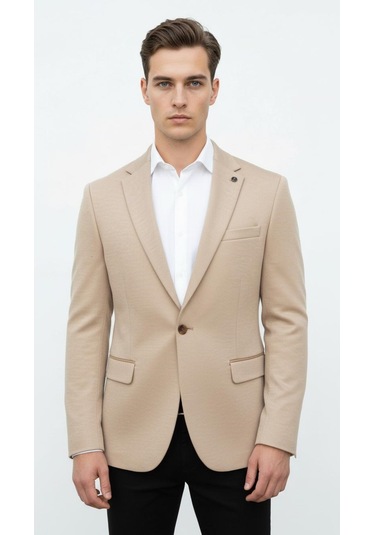 Plus Scorpion Bej Erkek İtalyan Kesim Blazer Ceket Kol Yamali, Slim Fit, Şık Ve Modern Tasarım Bej