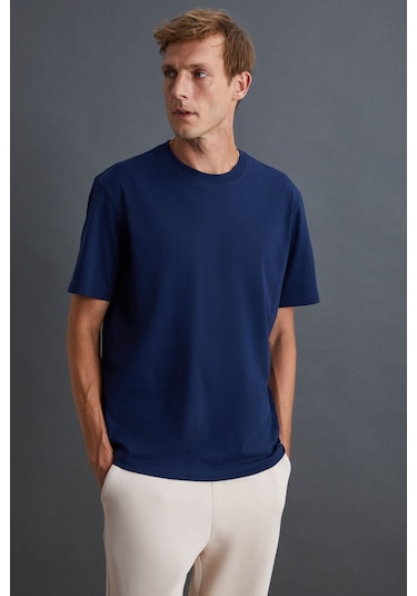 GRIMELANGE Solo Erkek %100 Organik Pamuklu Kalın Dokulu Comfort Fit Bisiklet Yakalı Lacivert T-shirt Lacivert