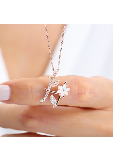 Işıltılı Manolya Çiçeği H Harfi Rose Renk Gümüş Harfli Kolye