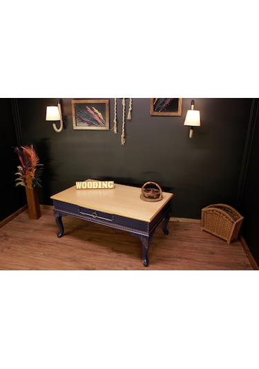 Wooding 120 Cm Masif Naturel Lacivert Oymalı Orta Sehpa