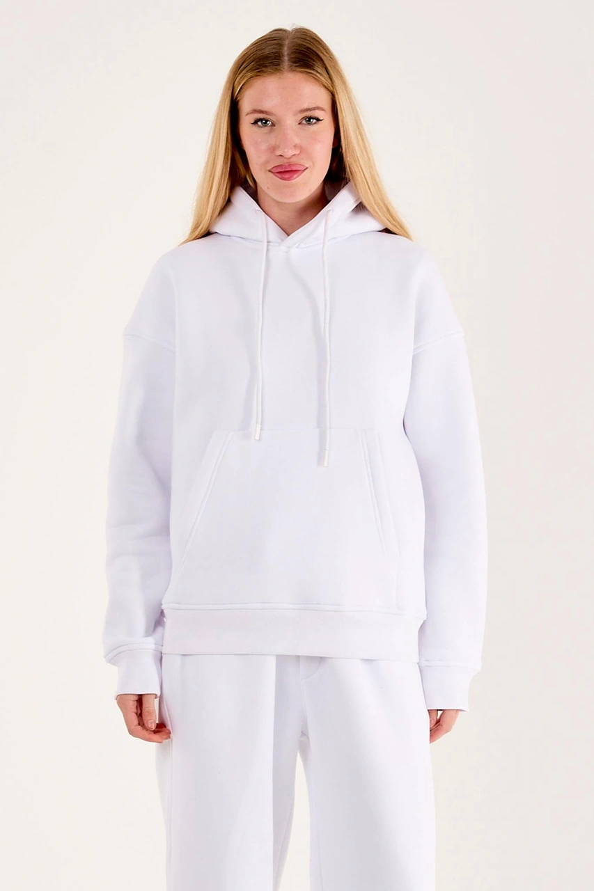 Q-4008 Kapüşonlu Üç İp Şardonlu Sweat Beyaz