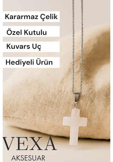 Kuvars Taşlı Haç Kolye - Kararmaz İthal Çelik Zincir - Özel Kutulu Hediyeli Gümüş