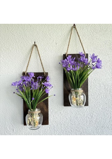 Led Işıklı, Lila Nergis Çiçekli Duvar Dekoru Ceviz İkili Set Ceviz