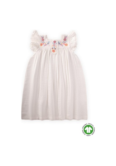 Cigit Nakışlı Organik Müslin Elbise 2-8 Yaş Ekru Ekru