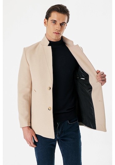 Açık Bej Kaşe Dik Yaka Astarlı Slim Fit Dar Kesim Casual Mont 1007235170-Açık Bej