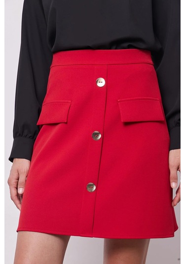 Kadın Diz Üstü Yüksek Bel Önü Düğmeli Cep Kapaklı Hafif Likralı Kumaş Çan Etek-kırmızı Kırmızı
