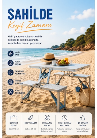 Robo 4 Kişilik Katlanır Kamp Masası Açık Gri