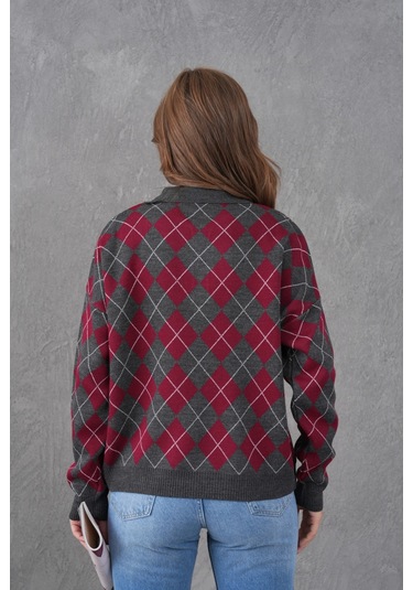 Kadın Polo Yaka Yarım Pat Düğme Detay Desenli Oversize Triko Kazak Antrasit