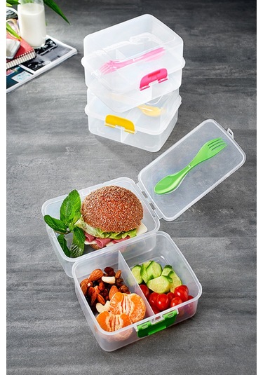 Periboia Şeffaf 3 Bölmeli 2 Katlı Çatal Kaşıklı Beslenme Kabı - D Çok Renkli