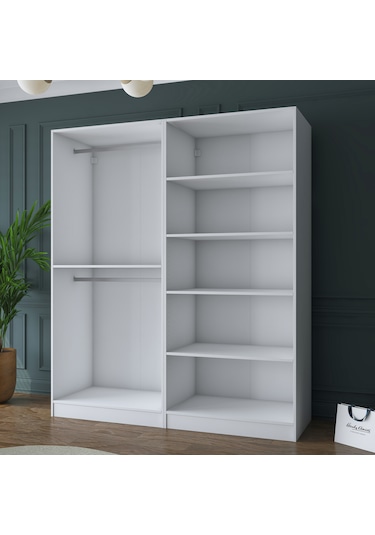 Rani Ba156 Geniş Gardırop Elbise Dolabı 4 Kapaklı 5 Raflı 2 Askılı Modüler Dolap Beyaz