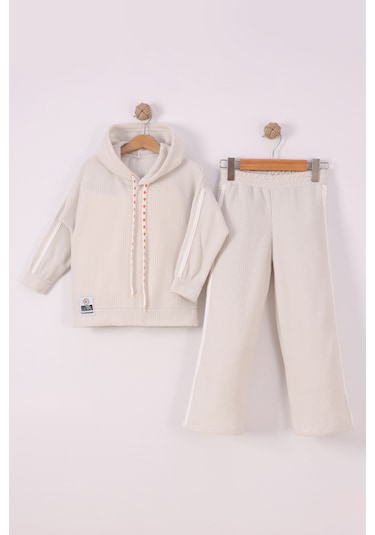 Monox Kız Çocuk Çiçek Baskılı İpli Şeritli Pantolon Fitilli Polar Takım Taş