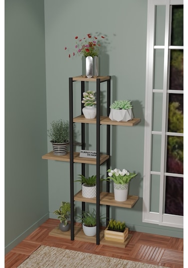 5 Raflı Çiçeklik Metal Saksı Standı Saksılık Atlantik Çam