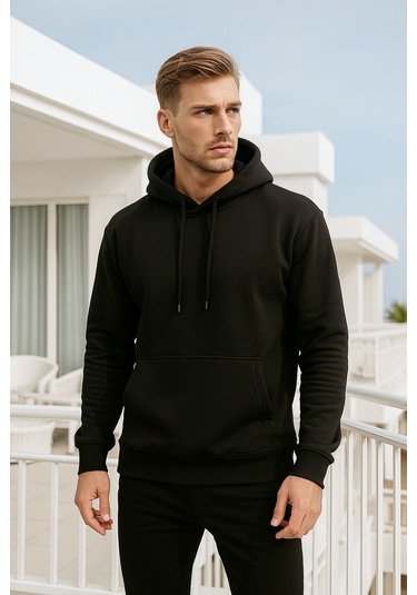 Rich Erkek Siyah Pamuklu Cep Detaylı Kapüşonlu Sweatshirt Siyah