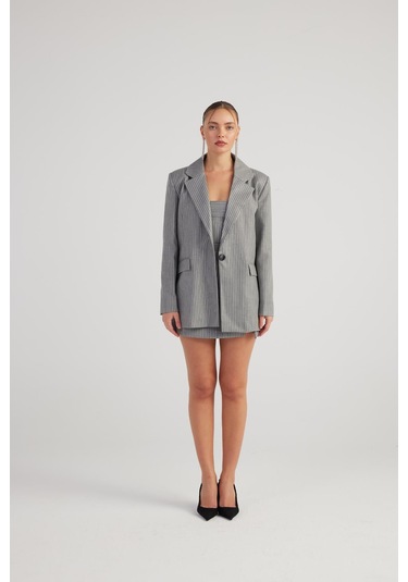 Holly Lolly Oversize Kesim Simli Çizgili Eden Blazer Ceket Gri